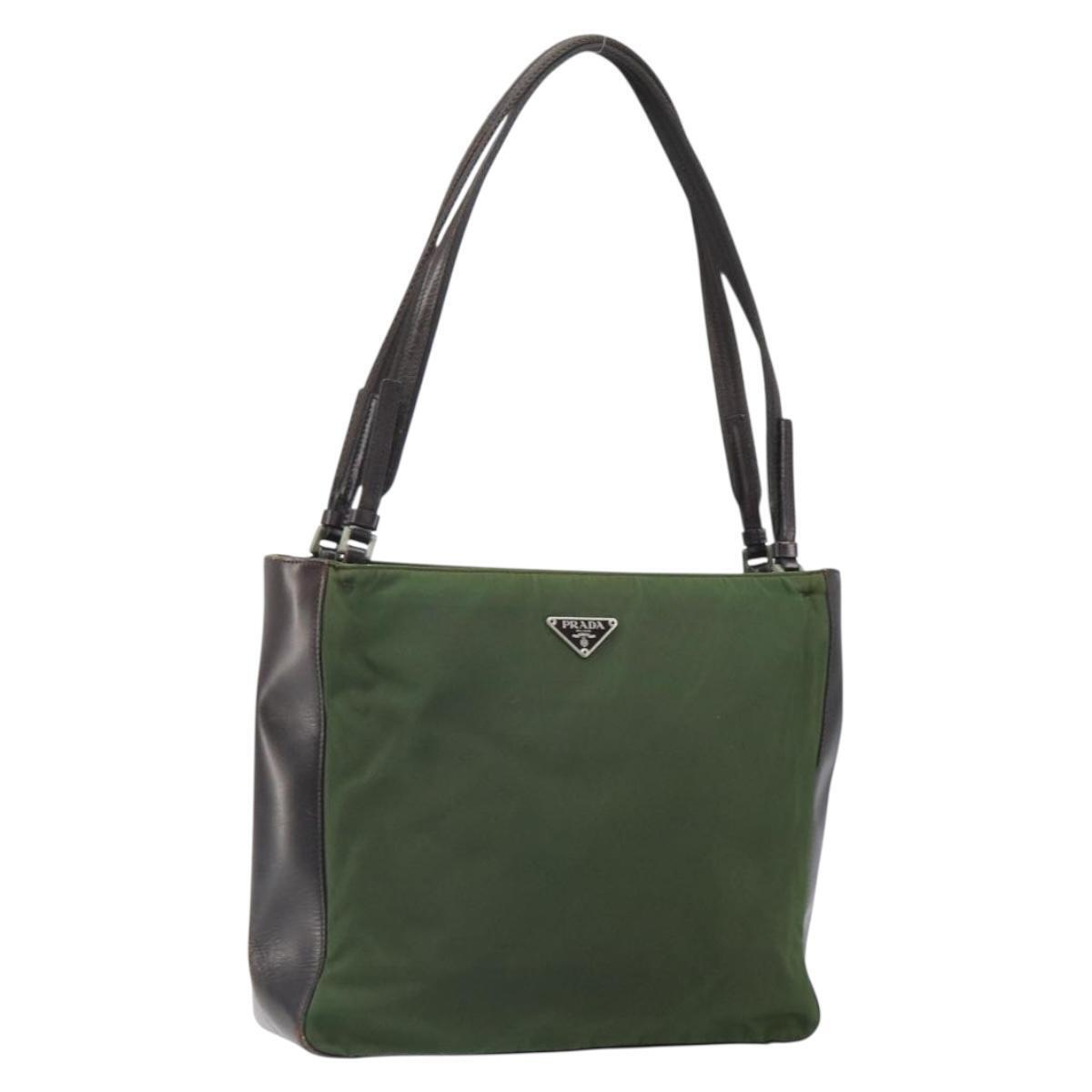 Prada Tote Bag Nylon Khaki Silver Auth 163781